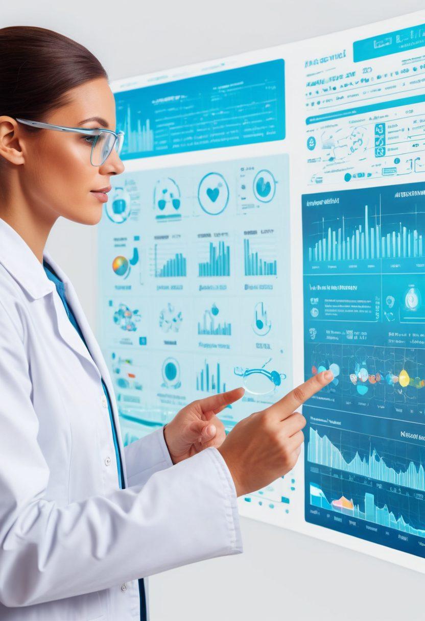 A dynamic scene featuring a researcher analyzing data through a futuristic holographic interface with floating graphs and charts, representing long-term health trends. In the background, a timeline of medical advancements and healthy lifestyle icons subtly integrated. super-realistic. vibrant colors. high-tech. white background.