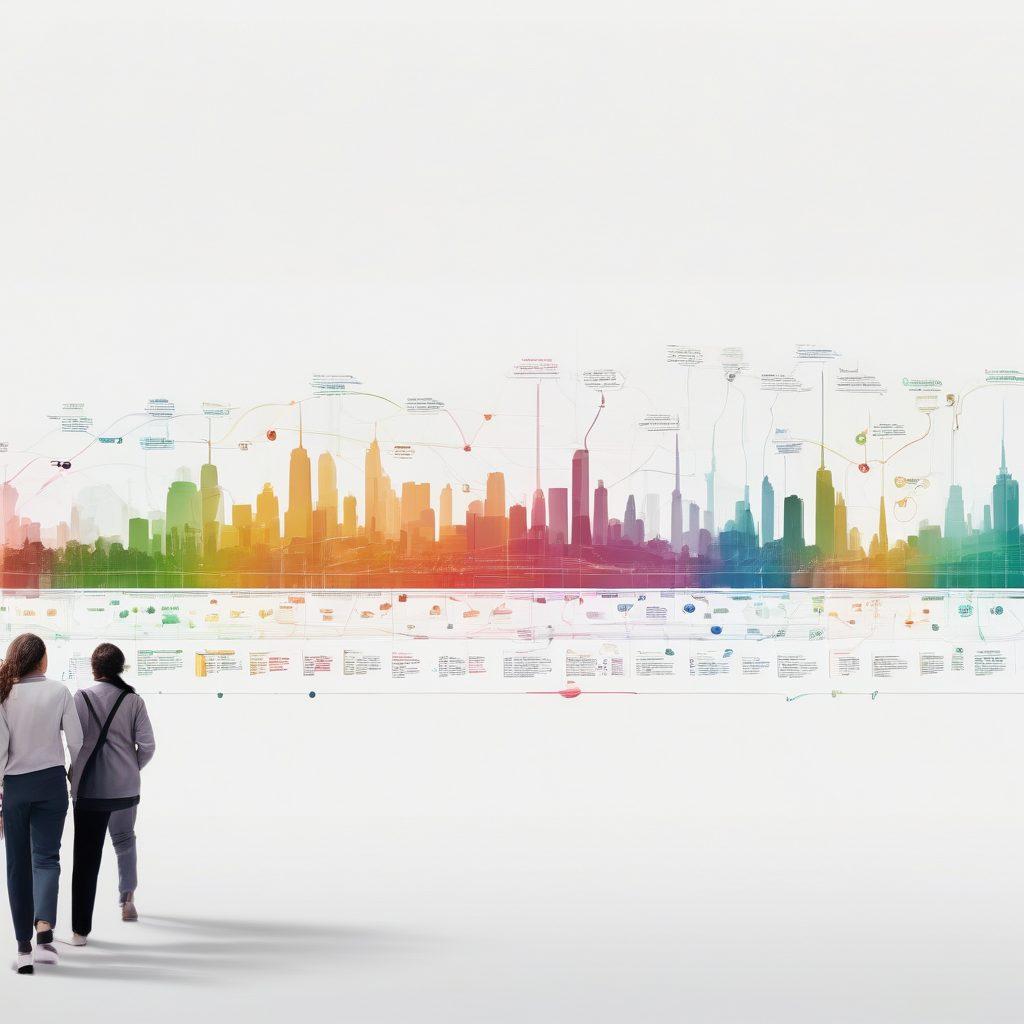 A diverse group of people spanning different ages and ethnicities, connected by a timeline that showcases evolving health metrics and data points, leading towards a futuristic city representing advanced public health policies. Background features a blend of nature and urban elements, signifying convergence of environment and health. Infographic elements like graphs and charts subtly integrated. super-realistic. vibrant colors. white background.