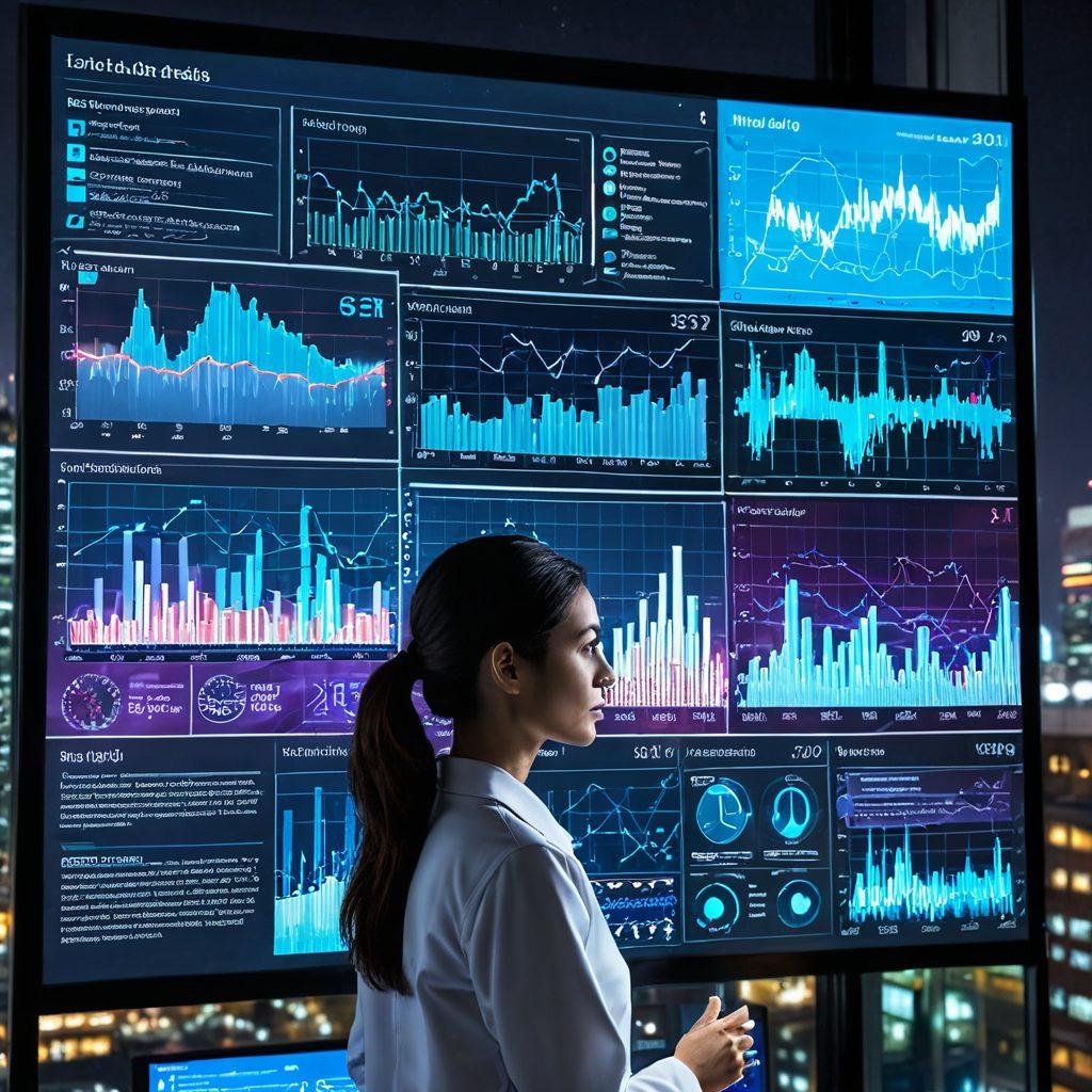 A research scientist analyzing data trends on a futuristic digital screen that displays interconnected health data points over time. The background depicts a modern cityscape with elements of healthcare and policy buildings. Charts and graphs flow dynamically from the screen to illustrate the impact of longitudinal health studies on policy decisions. super-realistic. vibrant colors. 3D.